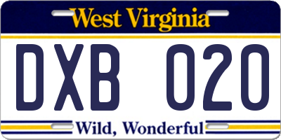 WV license plate DXB020