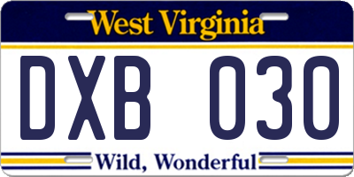 WV license plate DXB030