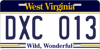 WV license plate DXC013