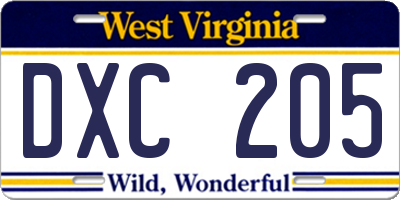 WV license plate DXC205