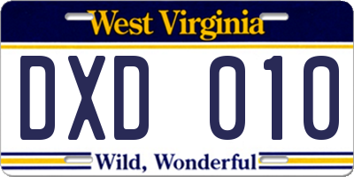 WV license plate DXD010