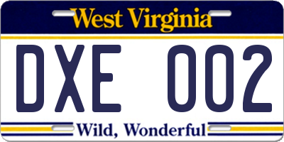 WV license plate DXE002