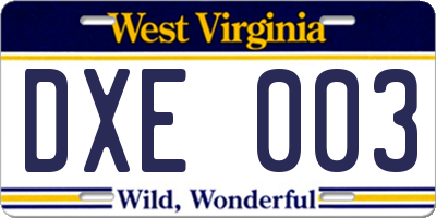 WV license plate DXE003