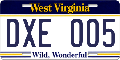 WV license plate DXE005