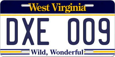 WV license plate DXE009