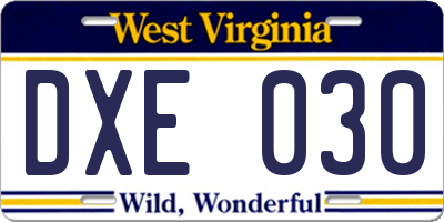 WV license plate DXE030