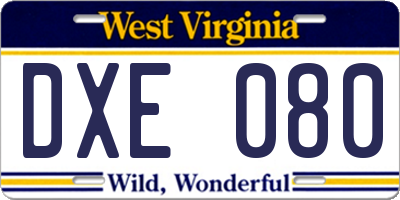 WV license plate DXE080