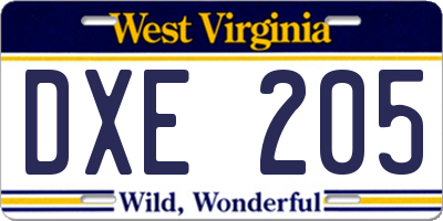 WV license plate DXE205