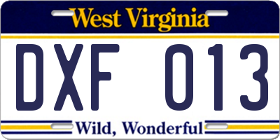 WV license plate DXF013
