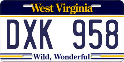 WV license plate DXK958