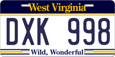 WV license plate DXK998