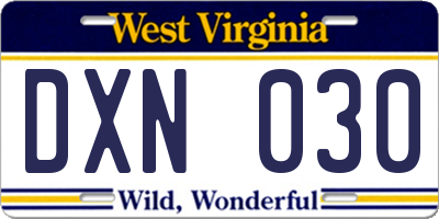 WV license plate DXN030