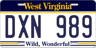WV license plate DXN989