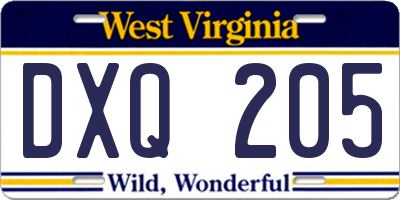 WV license plate DXQ205