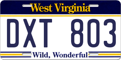 WV license plate DXT803