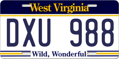WV license plate DXU988