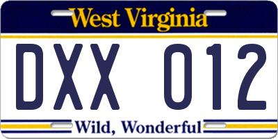 WV license plate DXX012