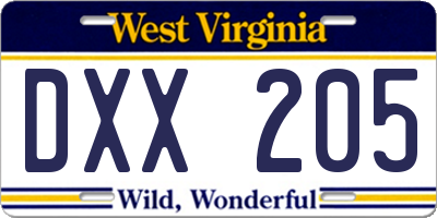 WV license plate DXX205