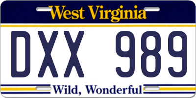 WV license plate DXX989