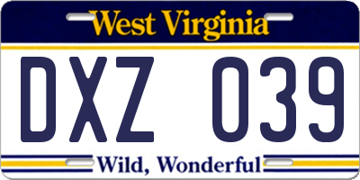WV license plate DXZ039