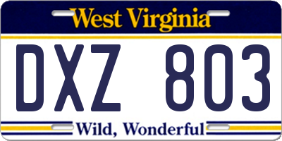WV license plate DXZ803