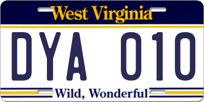WV license plate DYA010