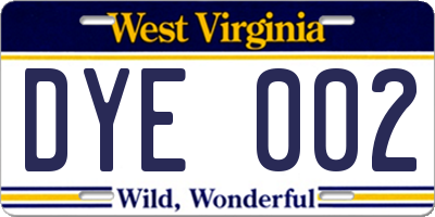 WV license plate DYE002