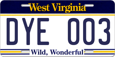 WV license plate DYE003