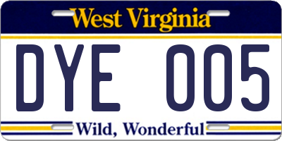 WV license plate DYE005