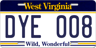 WV license plate DYE008