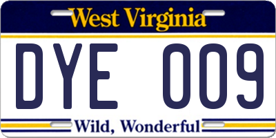 WV license plate DYE009