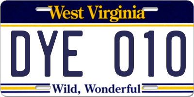 WV license plate DYE010