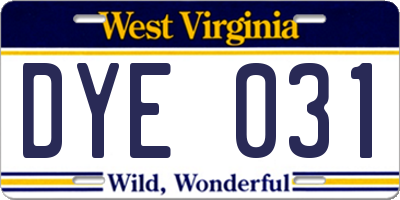 WV license plate DYE031