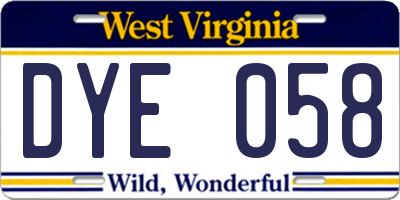 WV license plate DYE058