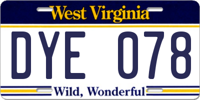 WV license plate DYE078