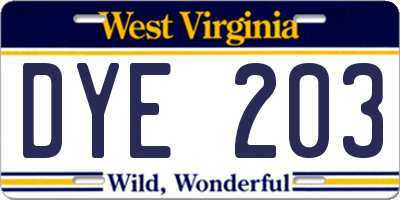 WV license plate DYE203