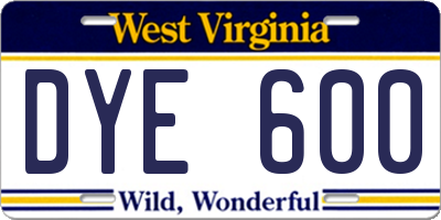 WV license plate DYE600