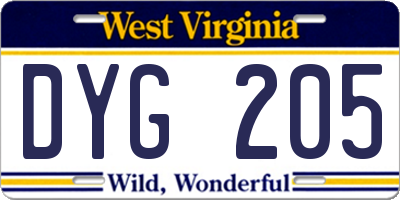 WV license plate DYG205