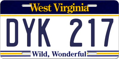 WV license plate DYK217