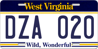 WV license plate DZA020