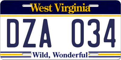 WV license plate DZA034