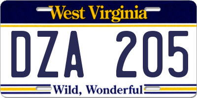 WV license plate DZA205