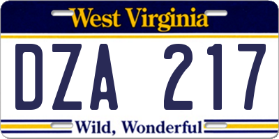 WV license plate DZA217
