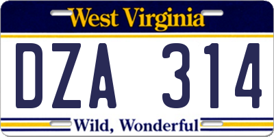 WV license plate DZA314