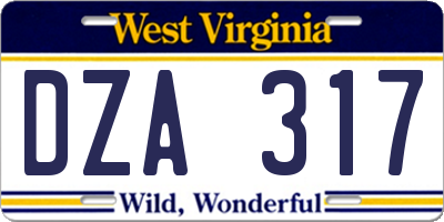 WV license plate DZA317