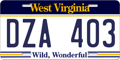 WV license plate DZA403