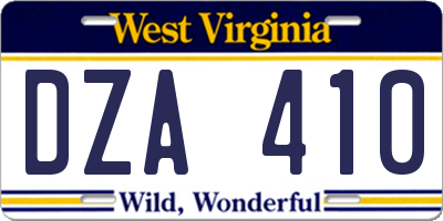 WV license plate DZA410