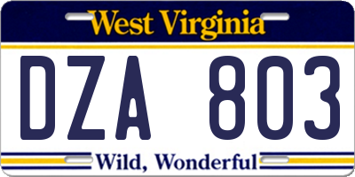 WV license plate DZA803
