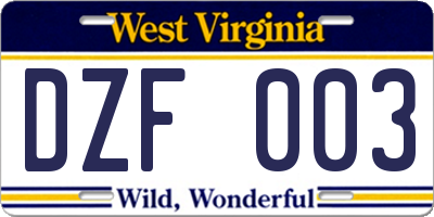 WV license plate DZF003