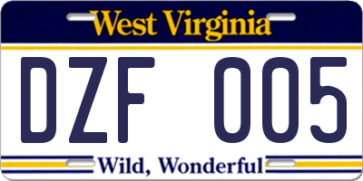 WV license plate DZF005